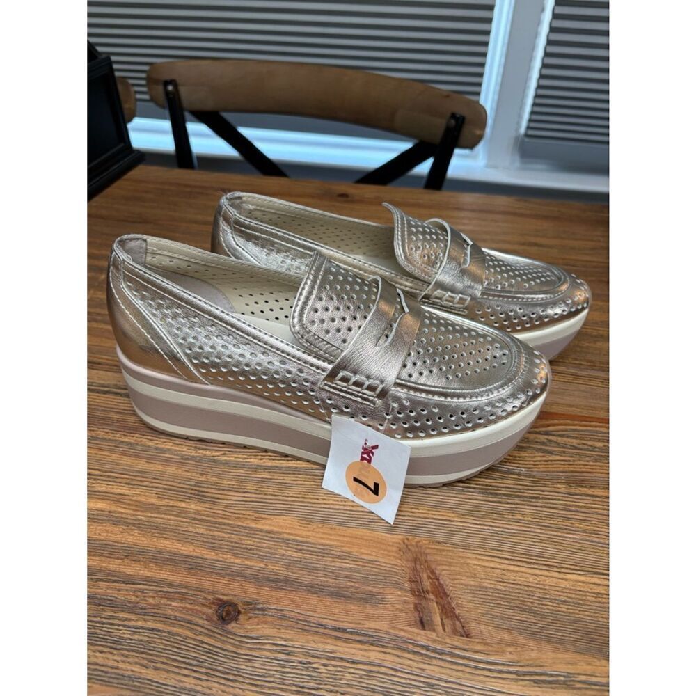 Dolce Vita Champagne Metallic Perforated Platform Loafers - Picture 2 of 13